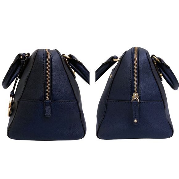 Michael Kors Saffiano Leather Satchel Crossbody Navy Gold MK Charm - Picture 4 of 13